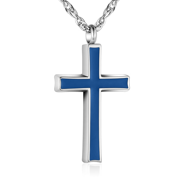 Blue Resin Inlay Cross Cremation Necklace for Ashes