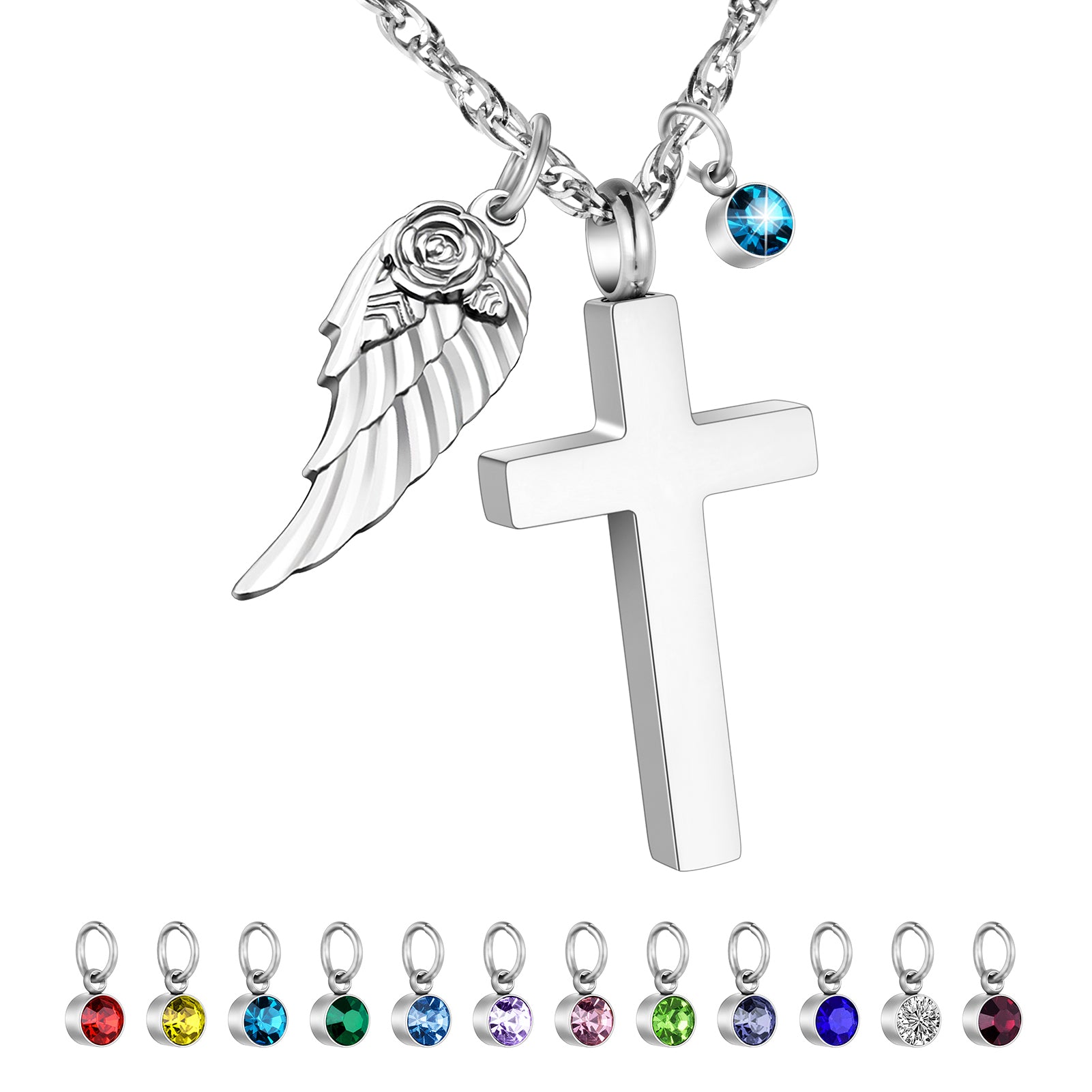 Cross Cremation Necklace for Ashes with Brithstones