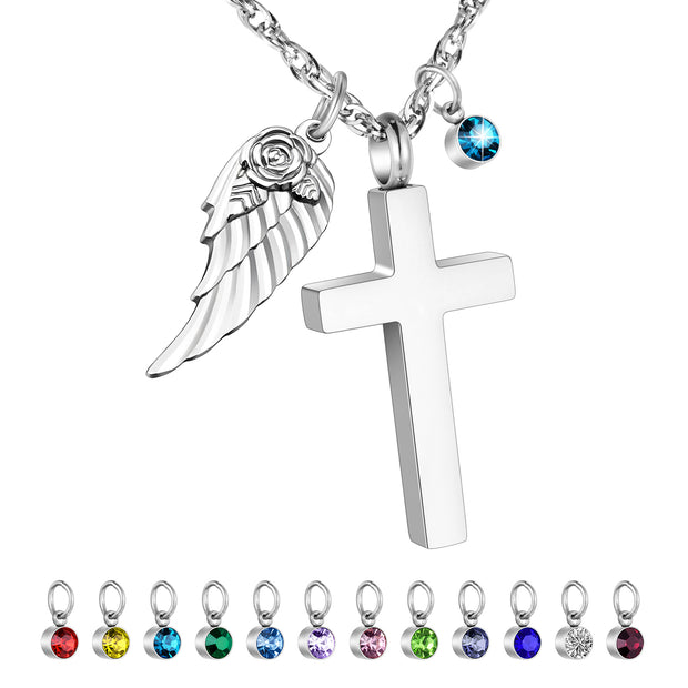 Cross Cremation Necklace for Ashes with Brithstones