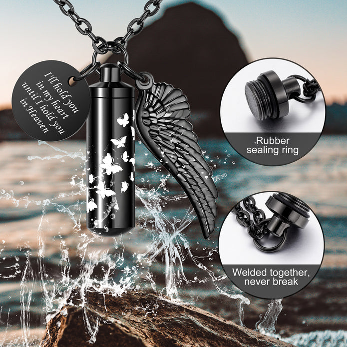 Black Butterfly Cylinder Medium Urn Cremation Necklace for Ashes