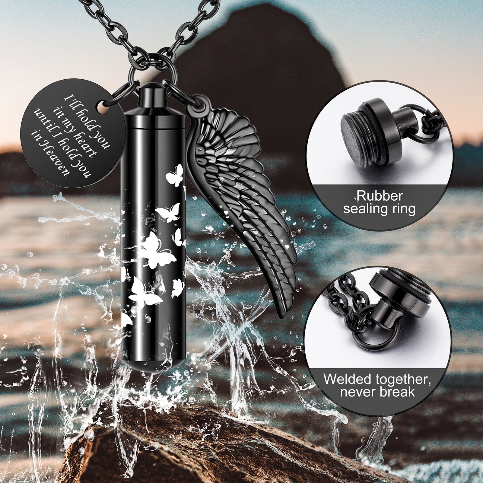 Black Butterfly Cylinder Large Urn Cremation Necklace for Ashes