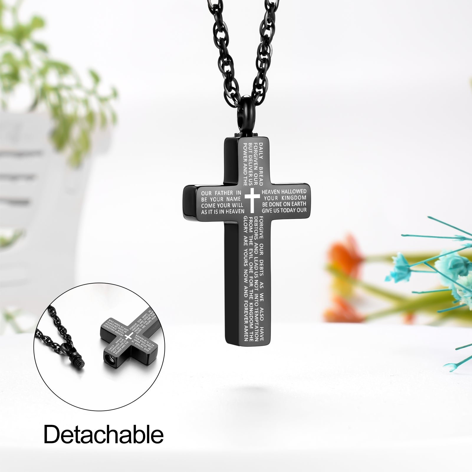 Black Scripture Cremation Cross Necklace for Ashes