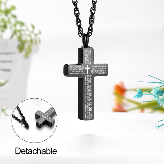 Black Scripture Cremation Cross Necklace for Ashes