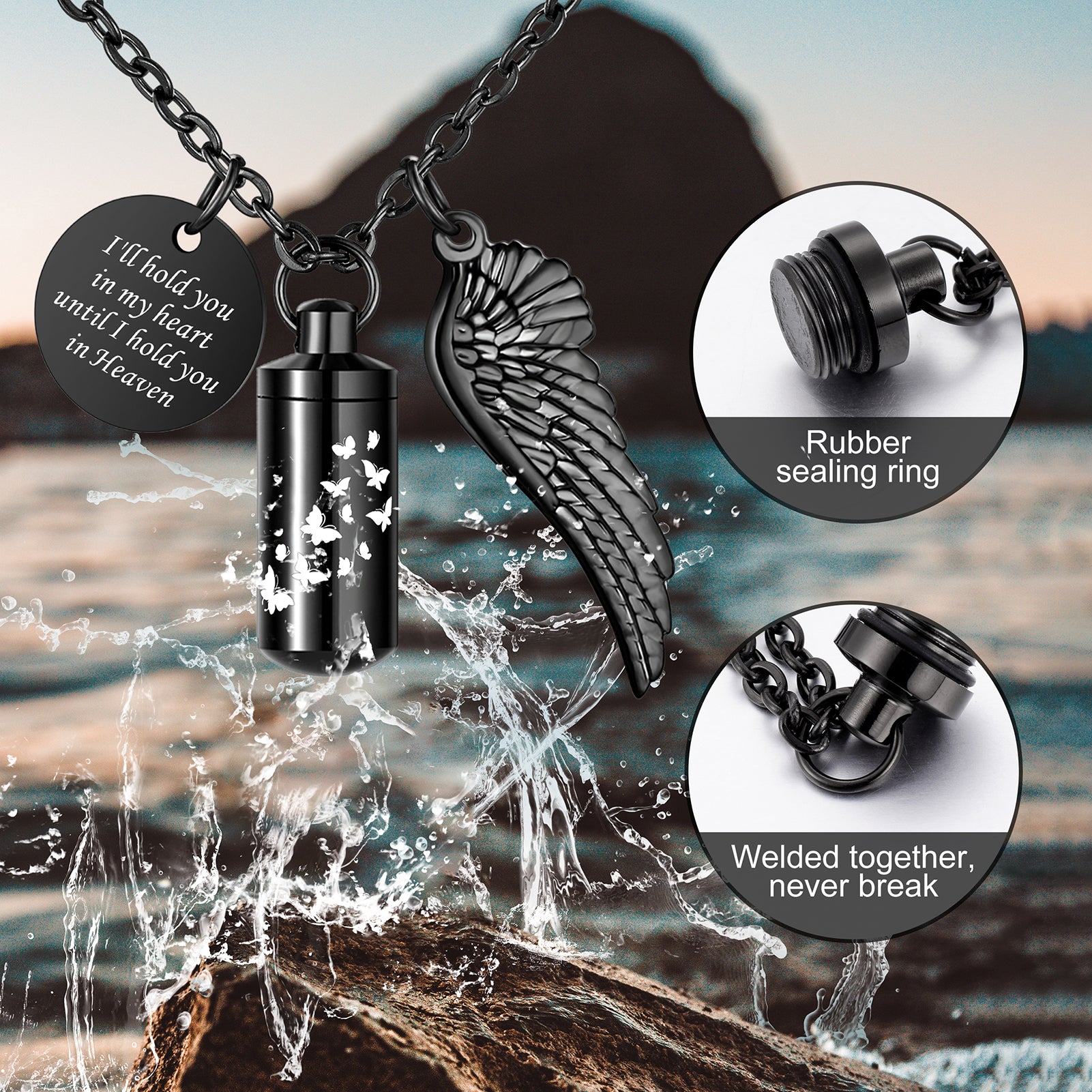 Black Butterfly Cylinder Urn Cremation Necklace for Ashes