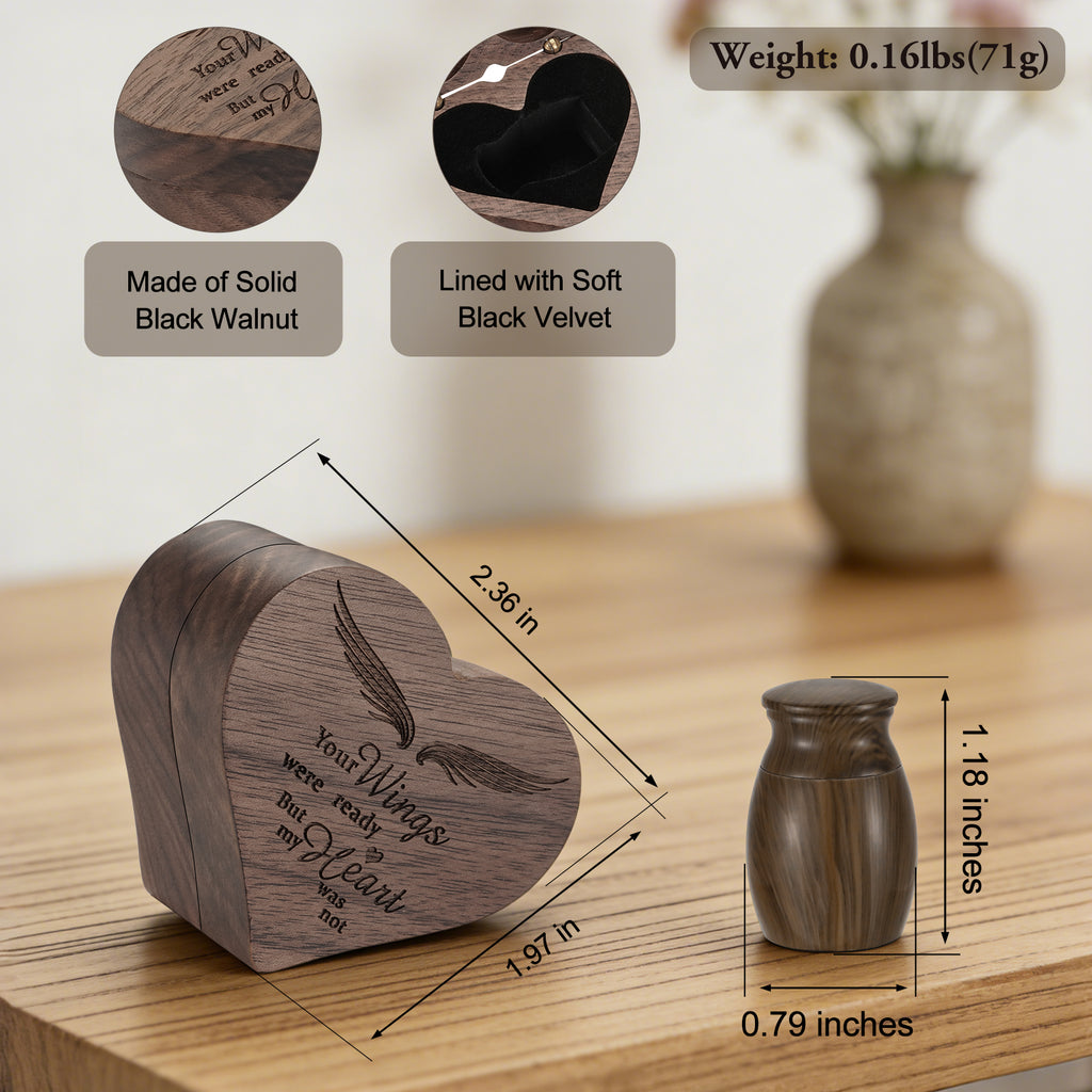 Dletay Angel Wing Heart Shaped Wooden Cremation Urns  for Ashes