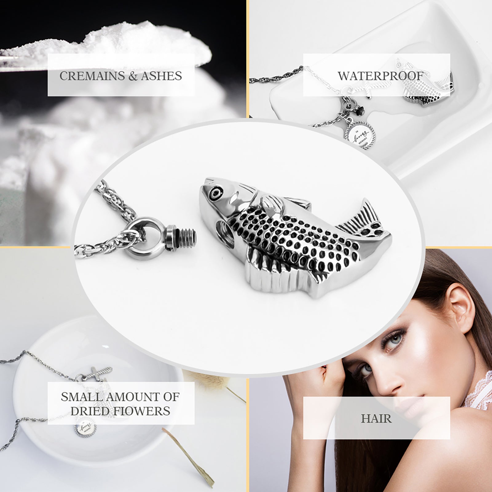 Silver Fish Urn Cremation Necklaces for Ashes