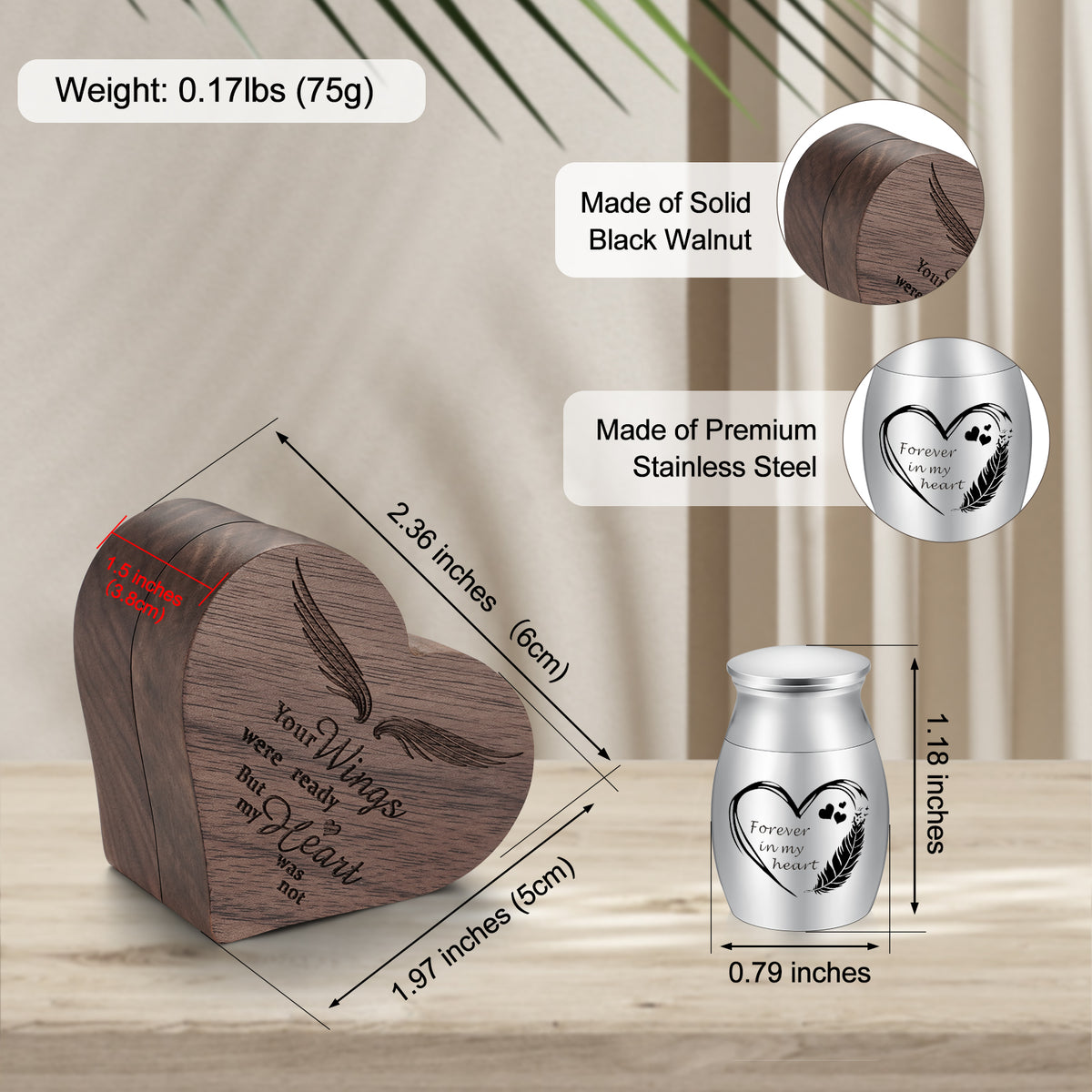 Dletay Angel Wing Heart Shaped Wooden Cremation Urns  for Ashes
