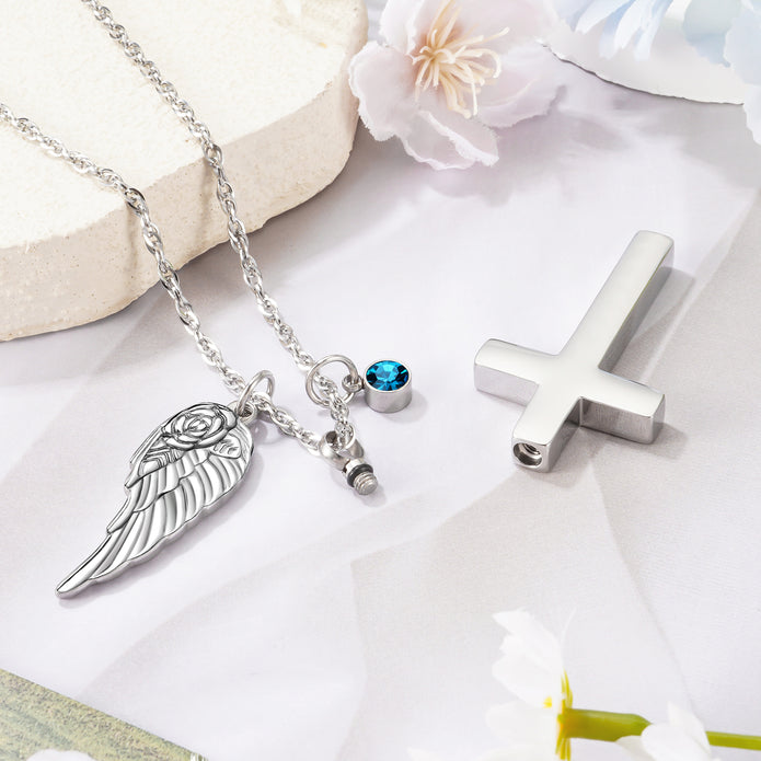 Cross Cremation Necklace for Ashes with Brithstones