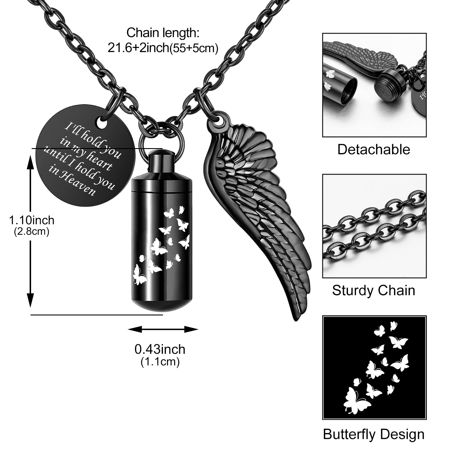 Black Butterfly Cylinder Urn Cremation Necklace for Ashes
