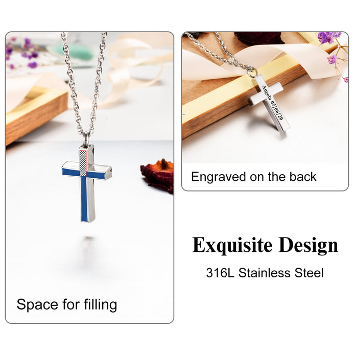 Blue Resin Inlay Cross Cremation Necklace for Ashes