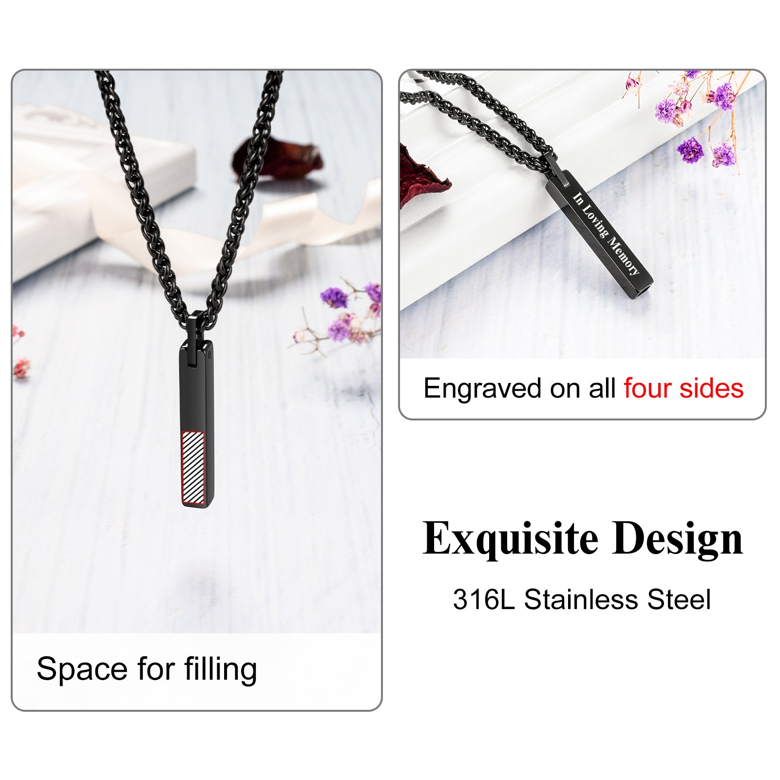 Dletay Urn Stainless Steel Cremation Jewelry for Ashes for Men Women Ash Holder Black