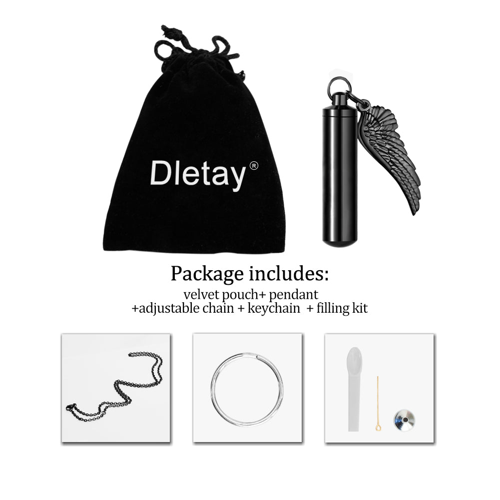 Dletay Cylinder Cremation Urn Necklace for Ashes Memorial Keepsake Pendant with Angel Wing