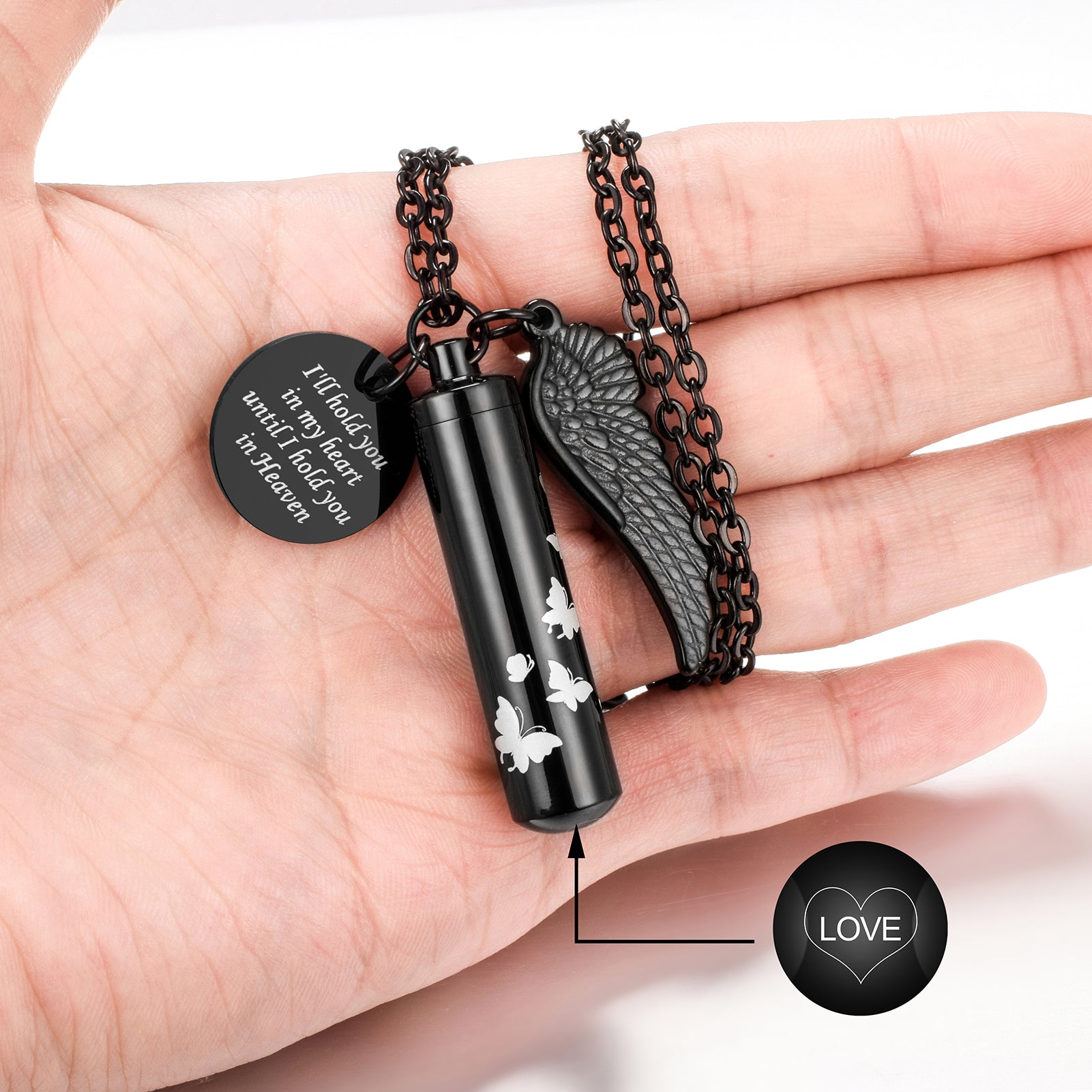 Black Butterfly Cylinder Large Urn Cremation Necklace for Ashes