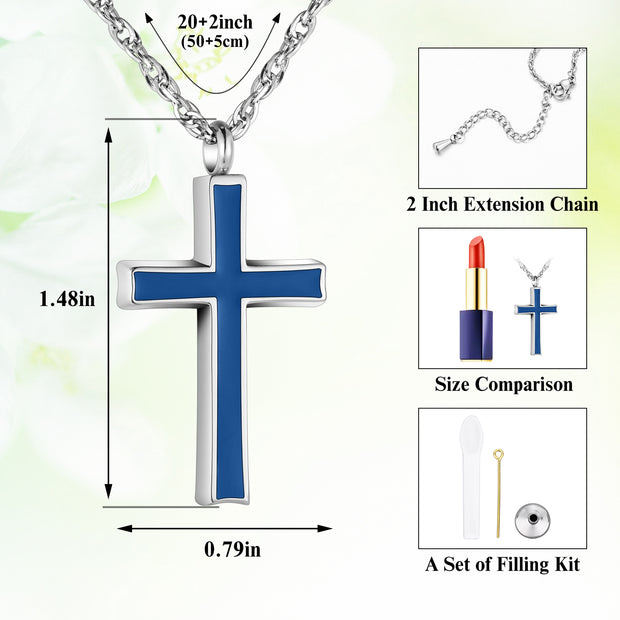 Blue Resin Inlay Cross Cremation Necklace for Ashes