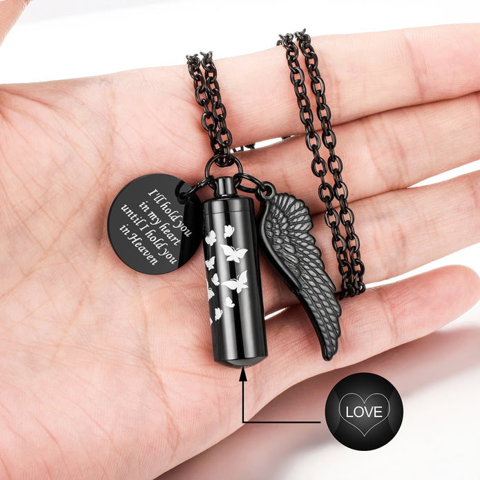 Black Butterfly Cylinder Medium Urn Cremation Necklace for Ashes