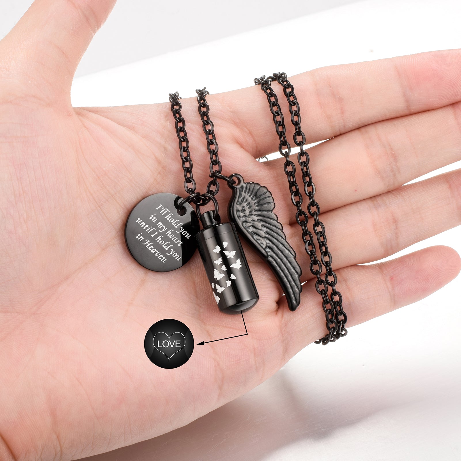 Black Butterfly Cylinder Urn Cremation Necklace for Ashes