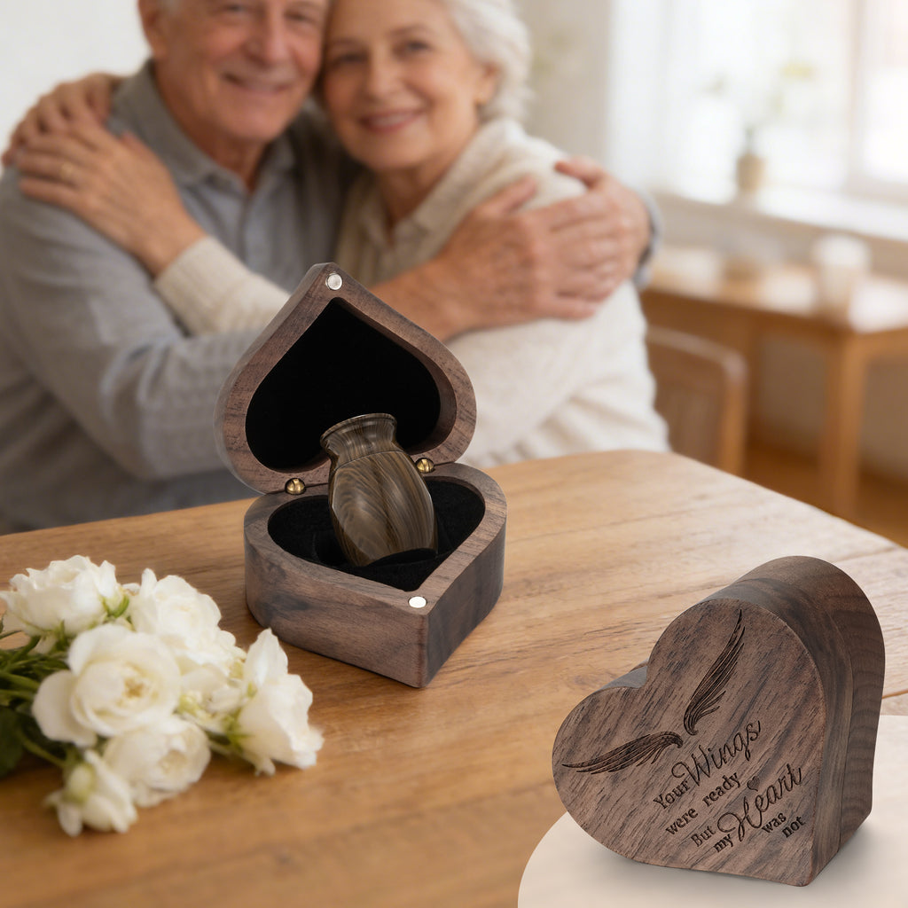 Dletay Angel Wing Heart Shaped Wooden Cremation Urns  for Ashes