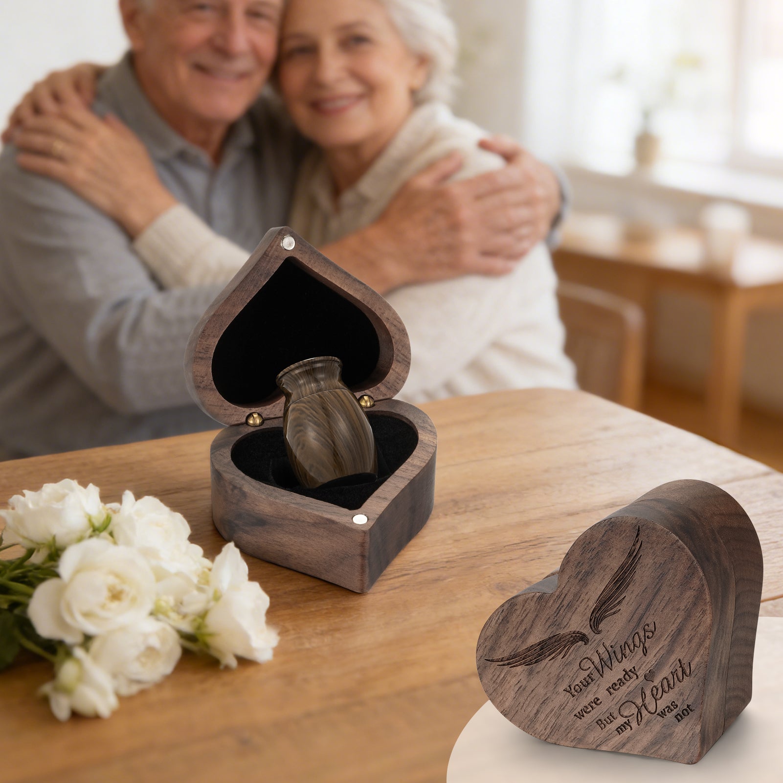 Dletay Angel Wing Heart Shaped Wooden Cremation Urns  for Ashes
