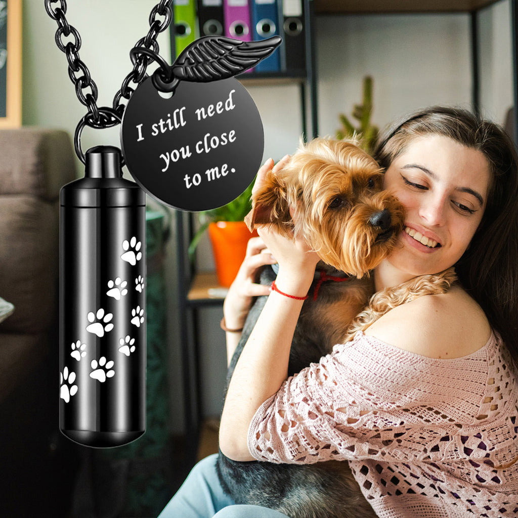 Dletay Cylinder Cremation Jewelry Urn Necklace for Ashes Memorial Ashes Necklace with Angel Wing Charm Memorial Keepsake for Pet