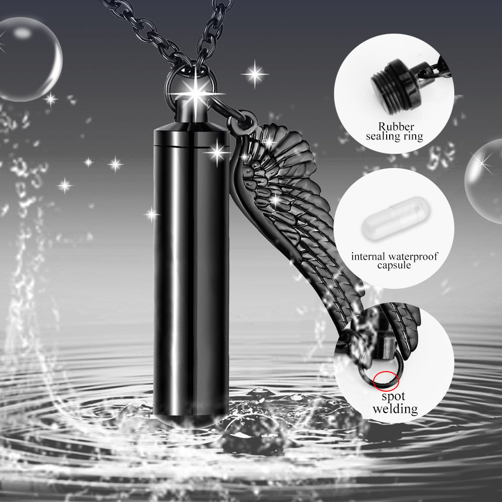 Dletay Cylinder Cremation Urn Necklace for Ashes Memorial Keepsake Pendant with Angel Wing