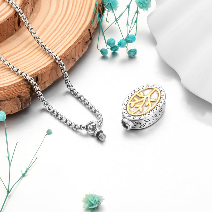 Oval Tree of Life Urn Cremation Necklace for Ashes
