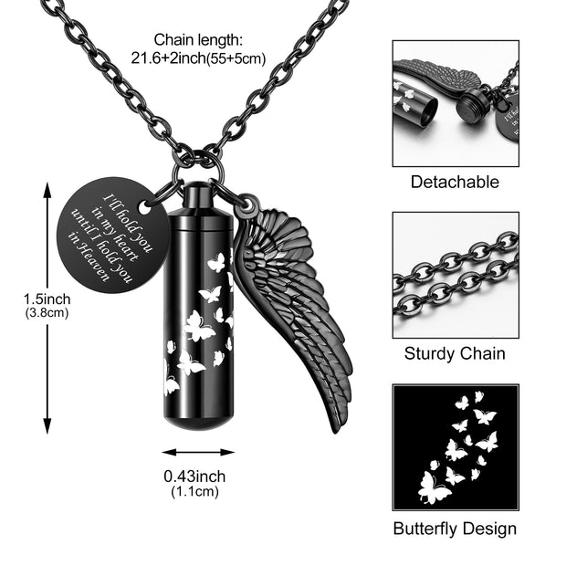 Black Butterfly Cylinder Medium Urn Cremation Necklace for Ashes