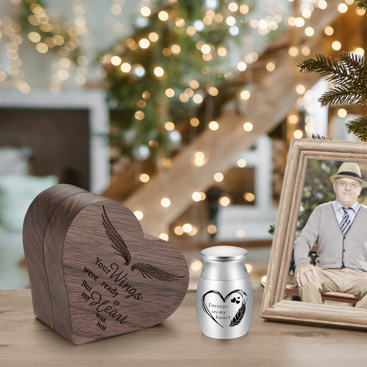 Dletay Angel Wing Heart Shaped Wooden Cremation Urns  for Ashes