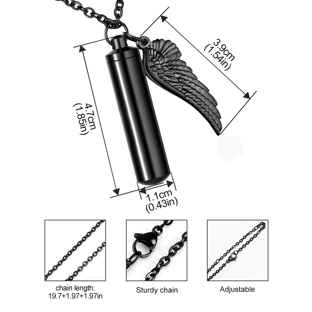 Dletay Cylinder Cremation Urn Necklace for Ashes Memorial Keepsake Pendant with Angel Wing
