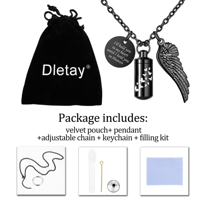 Black Butterfly Cylinder Urn Cremation Necklace for Ashes