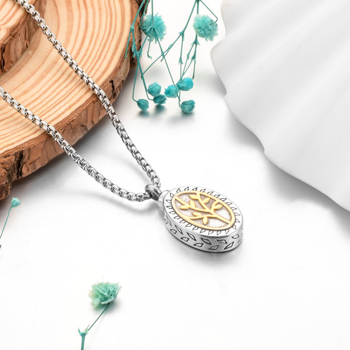 Oval Tree of Life Urn Cremation Necklace for Ashes