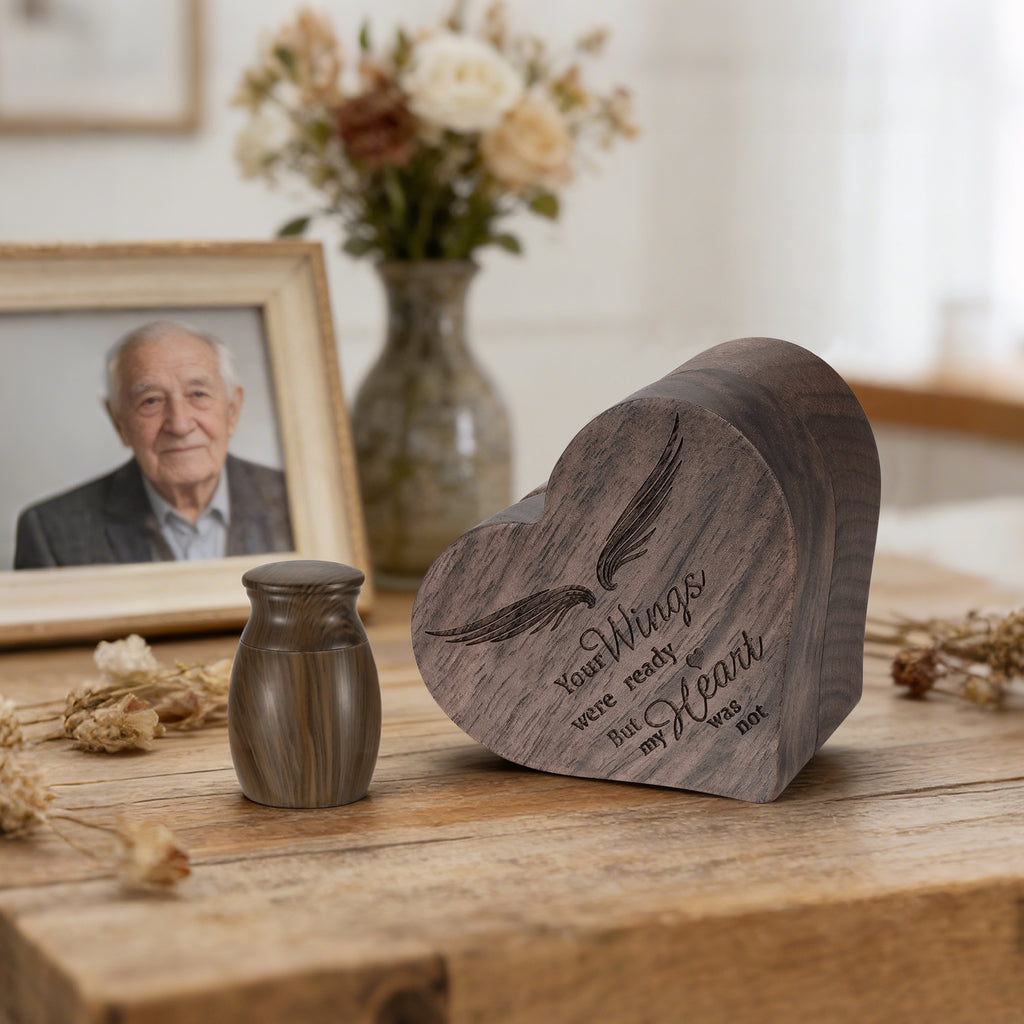 Dletay Angel Wing Heart Shaped Wooden Cremation Urns  for Ashes