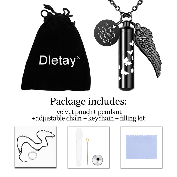 Black Butterfly Cylinder Large Urn Cremation Necklace for Ashes