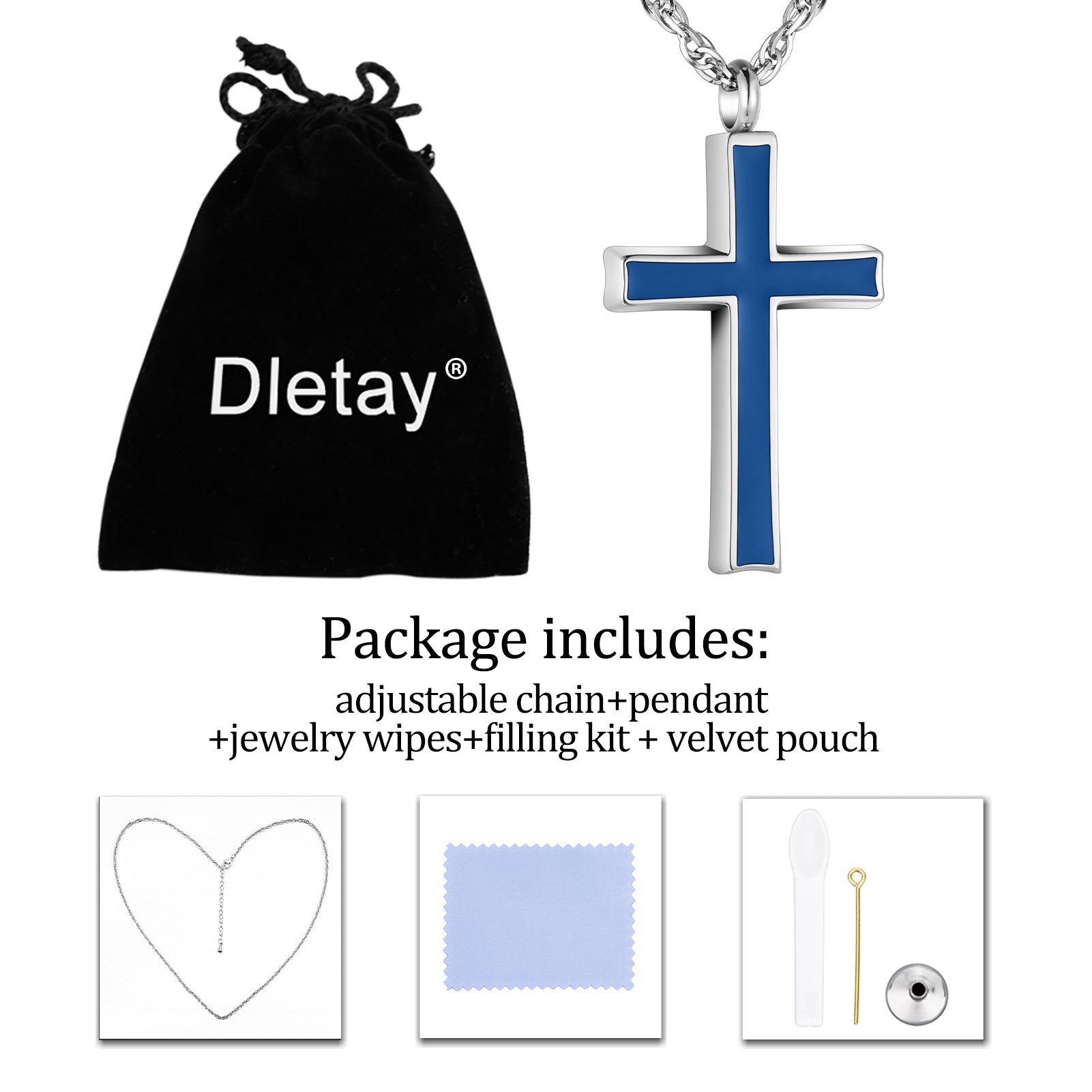 Blue Resin Inlay Cross Cremation Necklace for Ashes