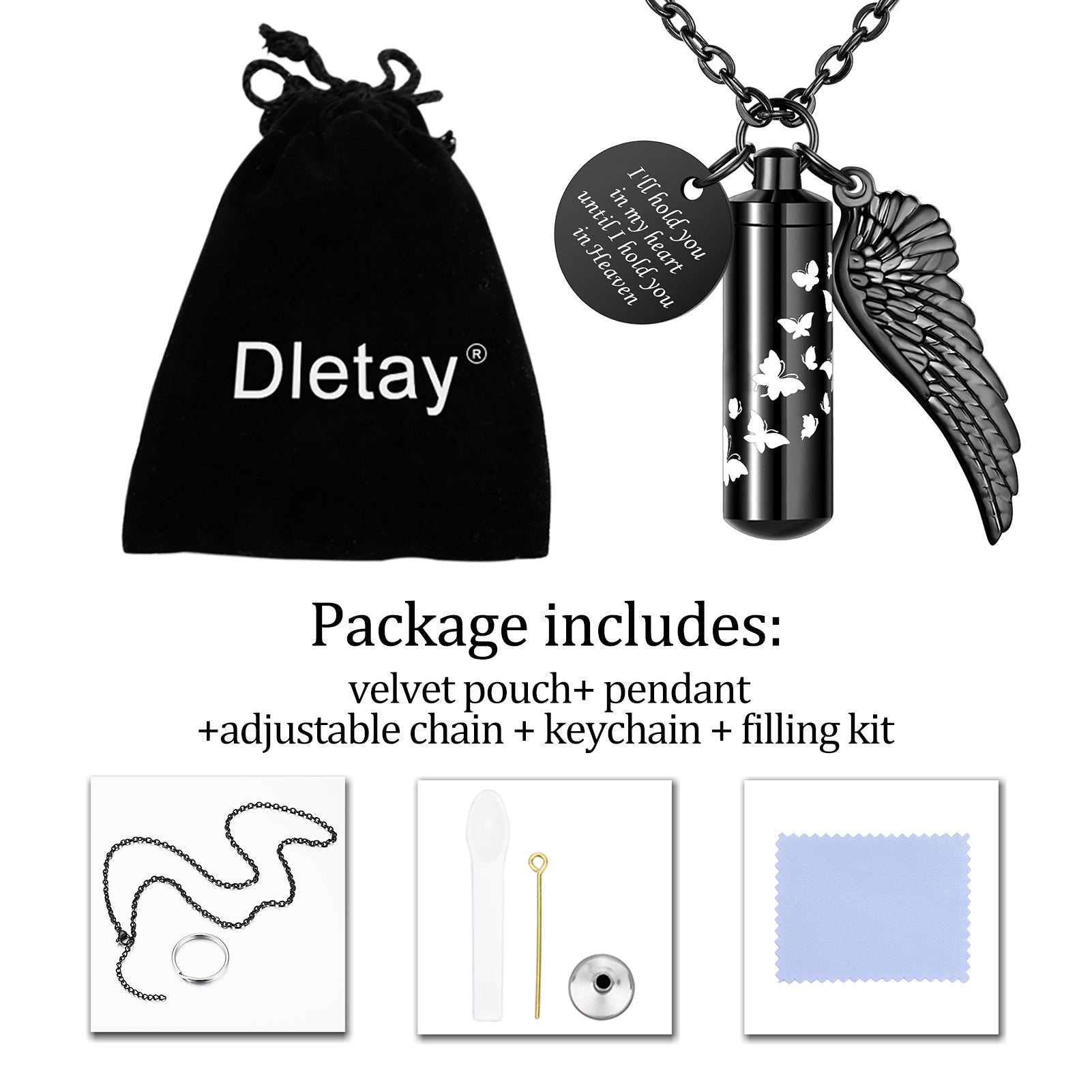 Black Butterfly Cylinder Medium Urn Cremation Necklace for Ashes
