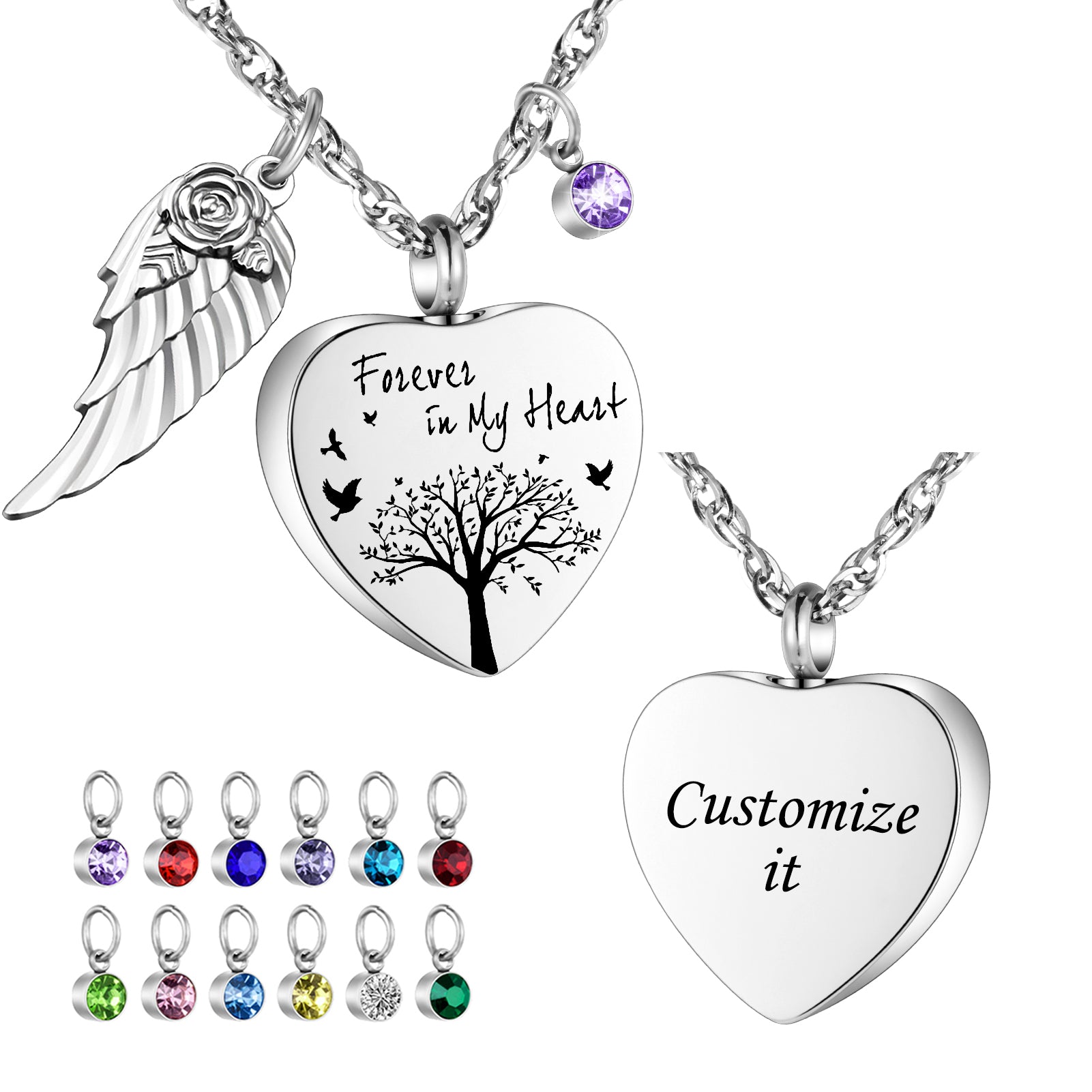 Heart Urn Necklace for Ashes with 12 Birthstones Cremation Jewelry for Ashes
