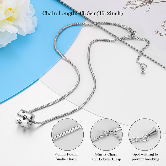 Pet Paw Print Cylinder Urn Cremation Necklace for Ashes