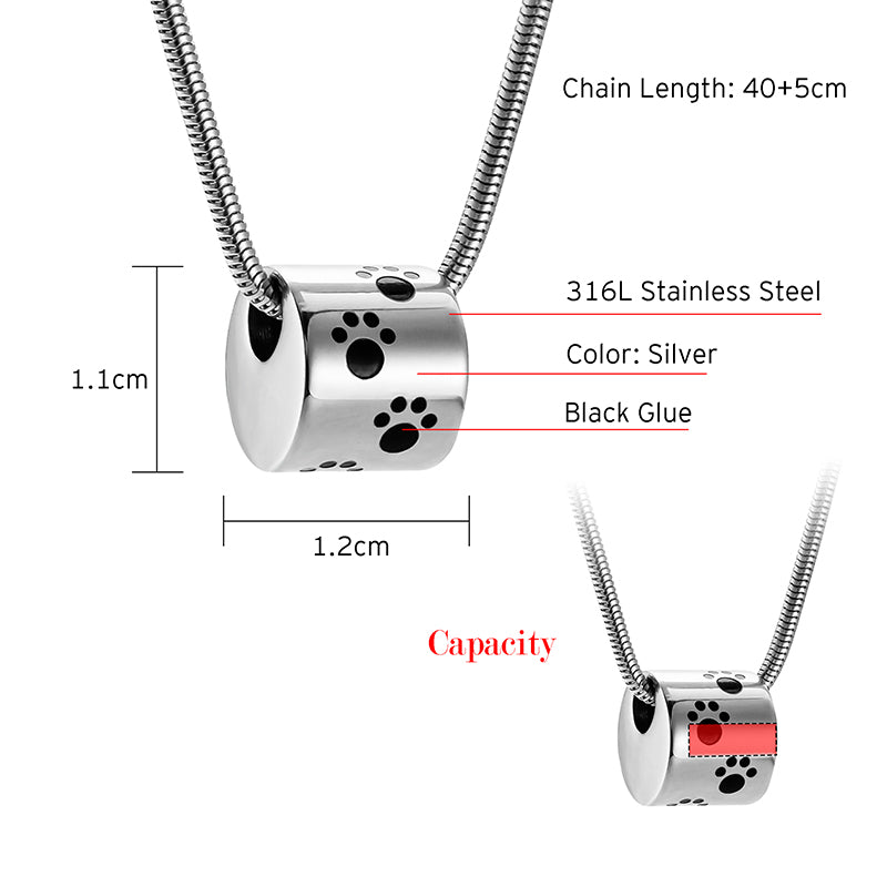 Pet Paw Print Cylinder Urn Cremation Necklace for Ashes