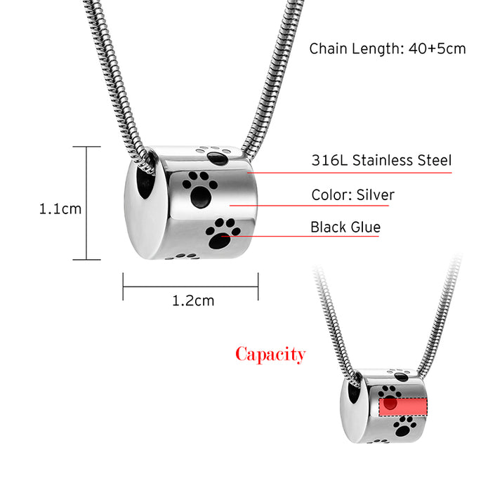 Pet Paw Print Cylinder Urn Cremation Necklace for Ashes